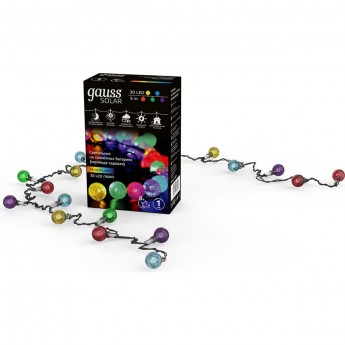 Гирлянда садовая GAUSS SOLAR на солнечной батарее 30 LED Шары мультицвет Гирлянда садовая GAUSS SOLAR на солнечной батарее 30 LED Шары мультицвет