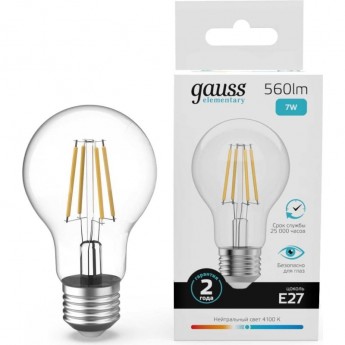 Лампа GAUSS FILAMENT ELEMENTARY А60 7W 560lm 4100К Е27 LED 1/10/50 Лампа GAUSS FILAMENT ELEMENTARY А60 7W 560lm 4100К Е27 LED 1/10/50