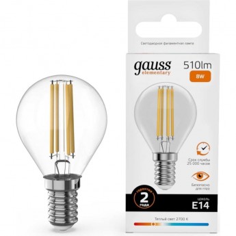 Лампа GAUSS FILAMENT ELEMENTARY Шар 8W 510lm 2700К Е14 LED 1/10/100 Лампа GAUSS FILAMENT ELEMENTARY Шар 8W 510lm 2700К Е14 LED 1/10/100