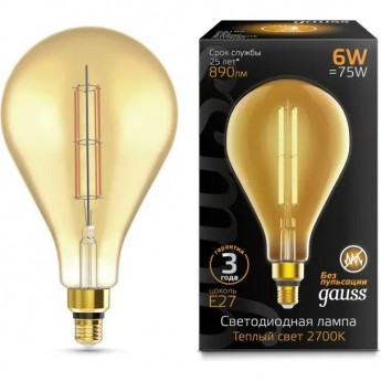 Лампа GAUSS FILAMENT PS160 6W 890lm 2700К Е27 golden straight LED Лампа GAUSS FILAMENT PS160 6W 890lm 2700К Е27 golden straight LED