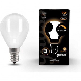 Лампа GAUSS FILAMENT Шар 9W 590lm 3000К Е14 milky диммируемая LED Лампа GAUSS FILAMENT Шар 9W 590lm 3000К Е14 milky диммируемая LED