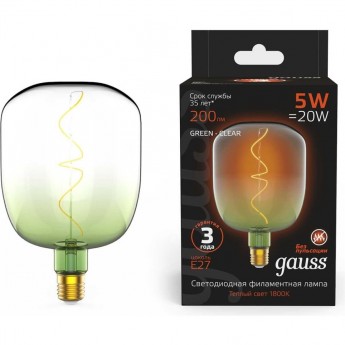 Лампа GAUSS FILAMENT V140 5W 200lm 1800К Е27 green-clear flexible LED Лампа GAUSS FILAMENT V140 5W 200lm 1800К Е27 green-clear flexible LED