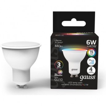Лампа GAUSS MR16 6W GU10 RGBW LED 1/100 с димированием Лампа GAUSS MR16 6W GU10 RGBW LED 1/100 с димированием