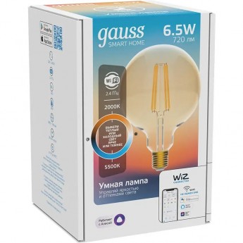 Лампа GAUSS SMART HOME FILAMENT G95 6,5W 720lm 2000-5500К E27 изм.цвет.темпр.+диммирование Лампа GAUSS SMART HOME FILAMENT G95 6,5W 720lm 2000-5500К E27 изм.цвет.темпр.+диммирование