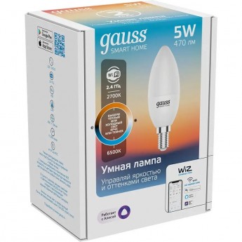 Лампа GAUSS SMART HOME С37 5W 470lm 2700-6500К Е14 изм.цвет.темп.+диммирование LED Лампа GAUSS SMART HOME С37 5W 470lm 2700-6500К Е14 изм.цвет.темп.+диммирование LED