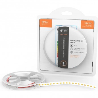 Лента GAUSS BASIC LED 2835/120 12V 10W/m 700lm/m 3000K 8mm IP20 2m Лента GAUSS BASIC LED 2835/120 12V 10W/m 700lm/m 3000K 8mm IP20 2m