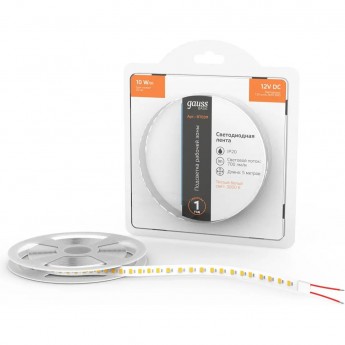 Лента GAUSS BASIC LED 2835/120 12V 10W/m 700lm/m 3000K 8mm IP20 5m 1/100 Лента GAUSS BASIC LED 2835/120 12V 10W/m 700lm/m 3000K 8mm IP20 5m 1/100