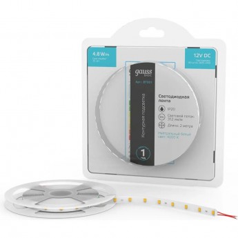 Лента GAUSS BASIC LED 2835/60 12V 4,8W/m 312lm/m 4000K 8mm IP20 2m Лента GAUSS BASIC LED 2835/60 12V 4,8W/m 312lm/m 4000K 8mm IP20 2m