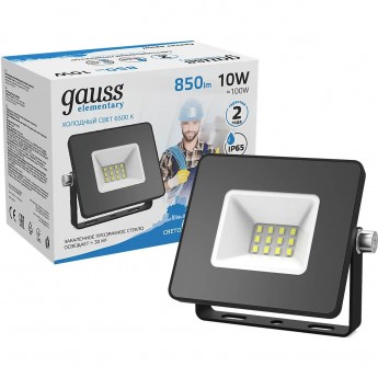 Прожектор GAUSS ELEMENTARY 10W 850lm 6500К 200-240V IP65 черный LED Прожектор GAUSS ELEMENTARY 10W 850lm 6500К 200-240V IP65 черный LED