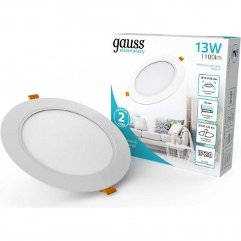 Светильник GAUSS ELEMENTARY DOWNLIGHT круг 13W 1100m 4000K 170-260V IP20 145*26 белый LED Светильник GAUSS ELEMENTARY DOWNLIGHT круг 13W 1100m 4000K 170-260V IP20 145*26 белый LED
