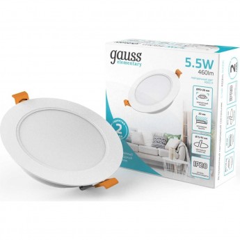 Светильник GAUSS ELEMENTARY DOWNLIGHT круг 5,5W 460lm 4000K 170-260V IP20 95*26 белый LED 1/100 Светильник GAUSS ELEMENTARY DOWNLIGHT круг 5,5W 460lm 4000K 170-260V IP20 95*26 белый LED 1/100