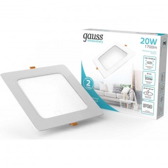 Светильник GAUSS ELEMENTARY DOWNLIGHT квадрат 20W 1700lm 4000K 170-260V IP20 170*26 белый LED 1/60 Светильник GAUSS ELEMENTARY DOWNLIGHT квадрат 20W 1700lm 4000K 170-260V IP20 170*26 белый LED 1/60