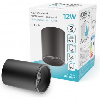 Светильник GAUSS OVERHEAD накл цил 12W 920lm 4100K 170-240V 79*100мм черный LED 1/30 Светильник GAUSS OVERHEAD накл цил 12W 920lm 4100K 170-240V 79*100мм черный LED 1/30