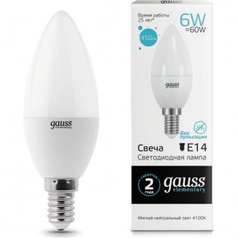 Светодиодная лампа GAUSS LED ELEMENTARY CANDLE 6W E14 4100K Светодиодная лампа GAUSS LED ELEMENTARY CANDLE 6W E14 4100K